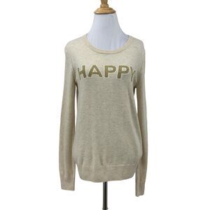 Gap Intarsia Happy Sweater Womens S Small Oatmeal Merino Wool Blend Pullover